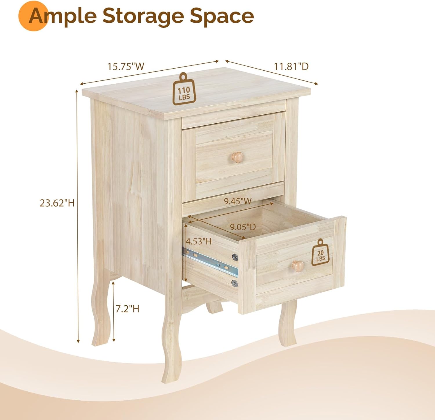 VINGLI Unfinished Solid Wood Nightstand for Color DIY, Small Nightstand for Bedroom, Natural Wood Night Stand with Drawers, Light Wood Night Stand, Real Wooden Bed Side Table/End Table