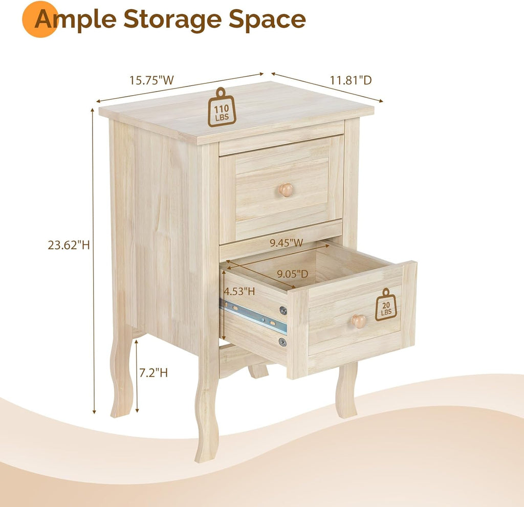 VINGLI Nightstands Set of 2, Unfinished Solid Wood Nightstand Color DIY, Small Nightstand for Bedroom, Natural Wood Night Stand with Drawers, Light Wood Night Stands, Real Wooden Bedside Table