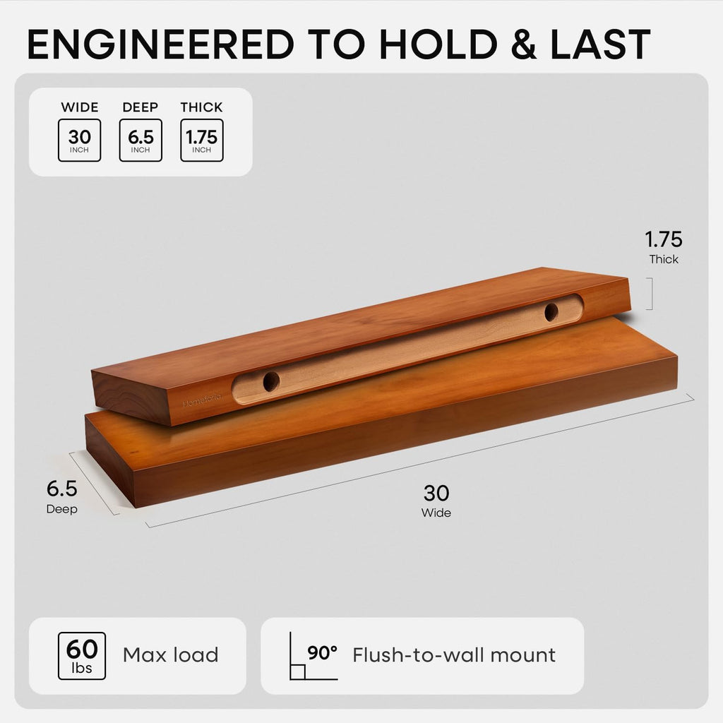 Homeforia Oak Floating Shelves 30 inch Long, High End Solid Real Wood 30inch Floating Shelf for Wall Mounted, Honey Oak Wooden 30in Floating Shelves, Heavy Duty Bracket, 30 X 6.5 X 1.75 in, Set of 2