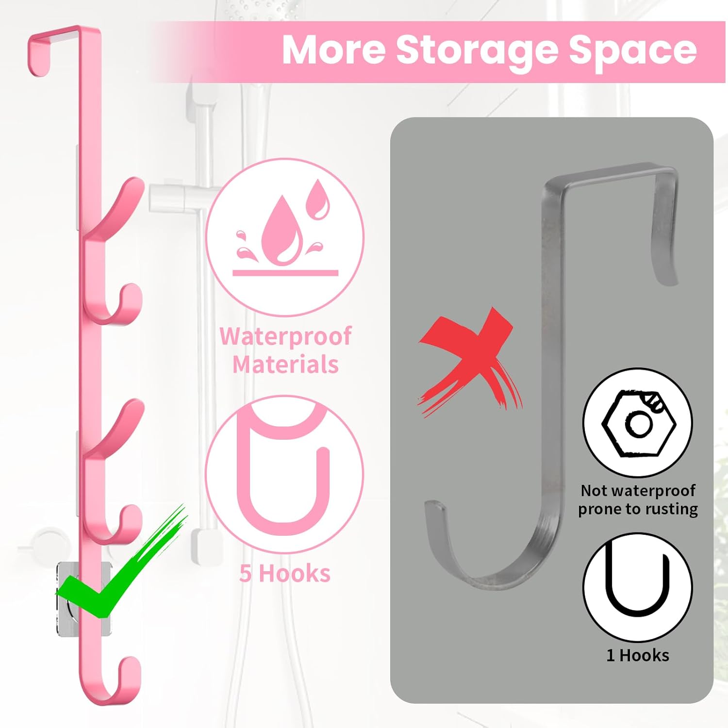 Over The Door Hooks, Metal Door Hooks for Hanging, Over The Door Purse Organizer for Coat Hanger, Back of Shower Door for Hanging Towel Rack Clothes, Hat, Bathroom, Closet (Pink-3Packs)