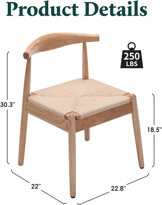 Farini Mid Century Modern Dining Chairs Set of 2, Solid Wood Frame Kitchen Chairs with Woven Upholstered Seat for Dining Room & Breakfast Nook,Natural-Beige