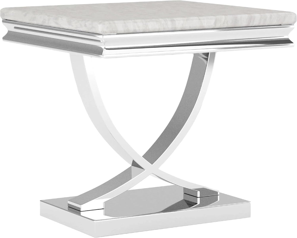 Benzara Wety Side End Table, 24 Inch Faux Marble Top, Curved Chrome Pedestal