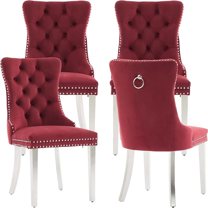 Luxury Upholstered Dining Chairs Set of 4, Red Kitchen Chair with Silver Metal Legs, Velvet Tufted Back Dining Chair, Sillas de Comedor, Modern Kitchen & Dining Room Chairs (Burgundy, 4 Pcs)