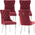 Luxury Upholstered Dining Chairs Set of 4, Red Kitchen Chair with Silver Metal Legs, Velvet Tufted Back Dining Chair, Sillas de Comedor, Modern Kitchen & Dining Room Chairs (Burgundy, 4 Pcs)