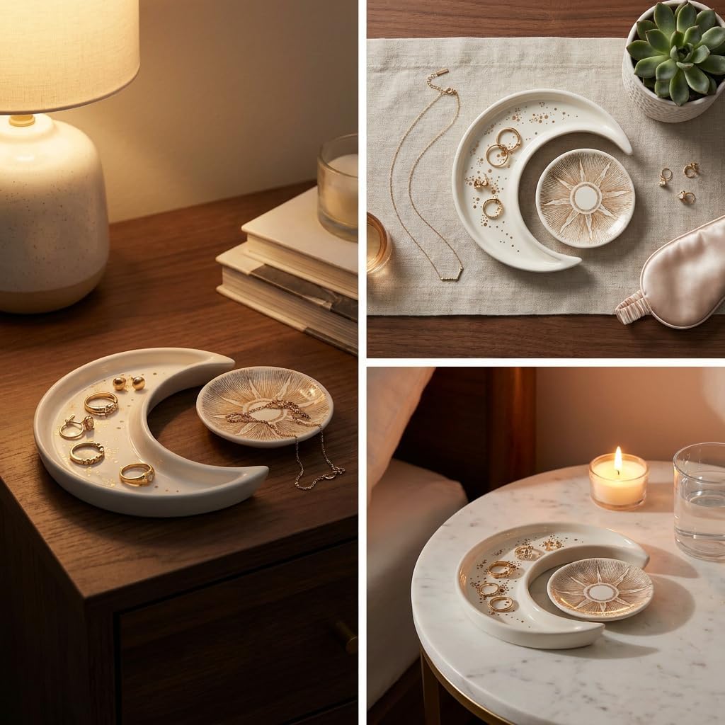 Ceramic Jewelry Dish Tray 2-Pack,Earrings Ring Holder,Small Trinket Plate | Bohemian Sun and Moon Key bowl,Unique Elegant Decor for Home,Engagement Birthday Gift,Gift for Mom Women Bride Friends