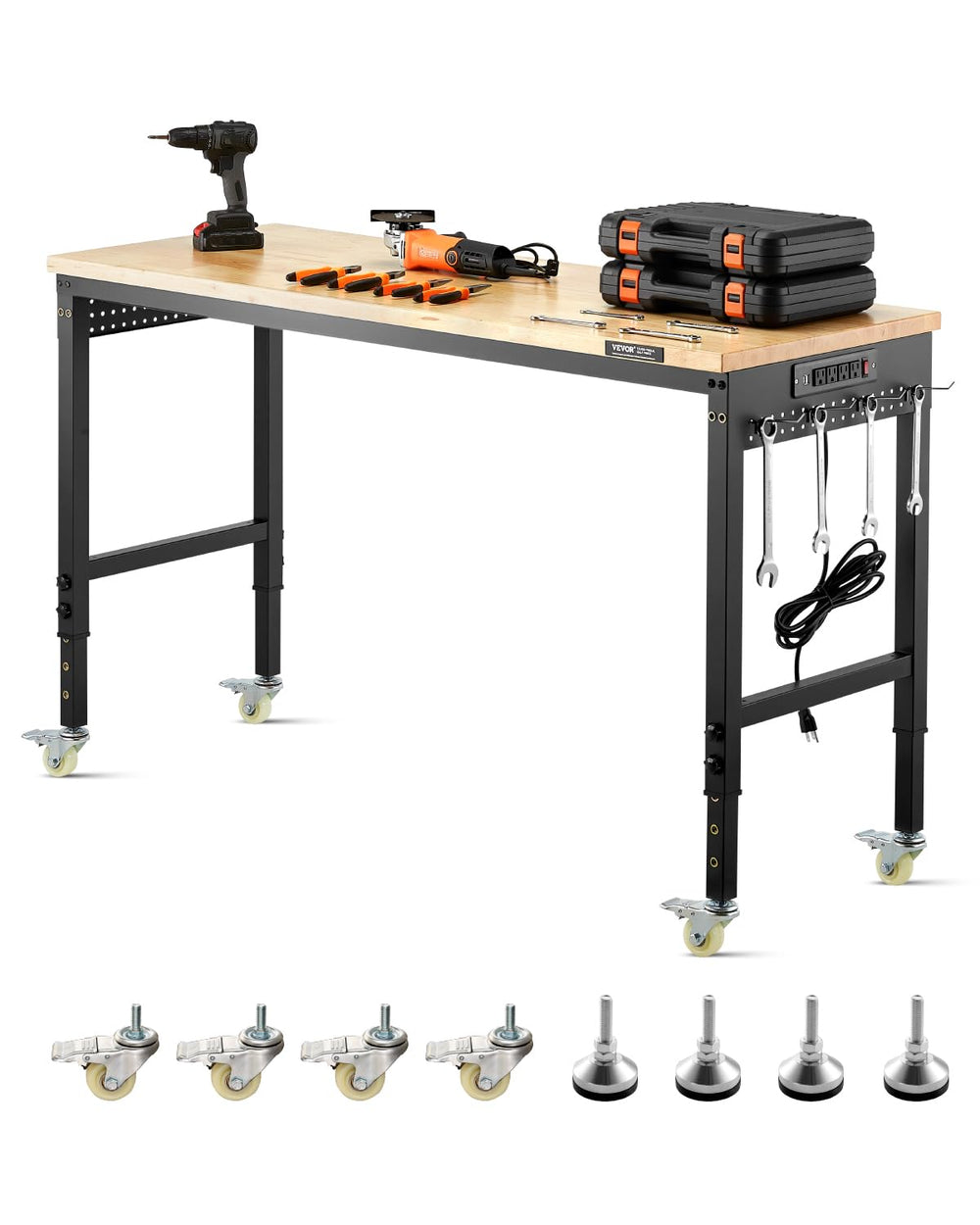 VEVOR Adjustable Workbench, 60 Inch Work Bench with Power Outlet, Wheels, and...