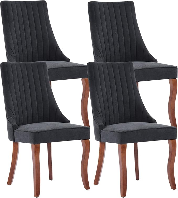 Linen Dining Chairs Set of 4，Fabric Channel Tufted Kitchen Chairs, Upholstered Accent Chairs with Curved Solid Wood Legs, Comfortable Dining Chair for Dining Room, (Black, 4pc)