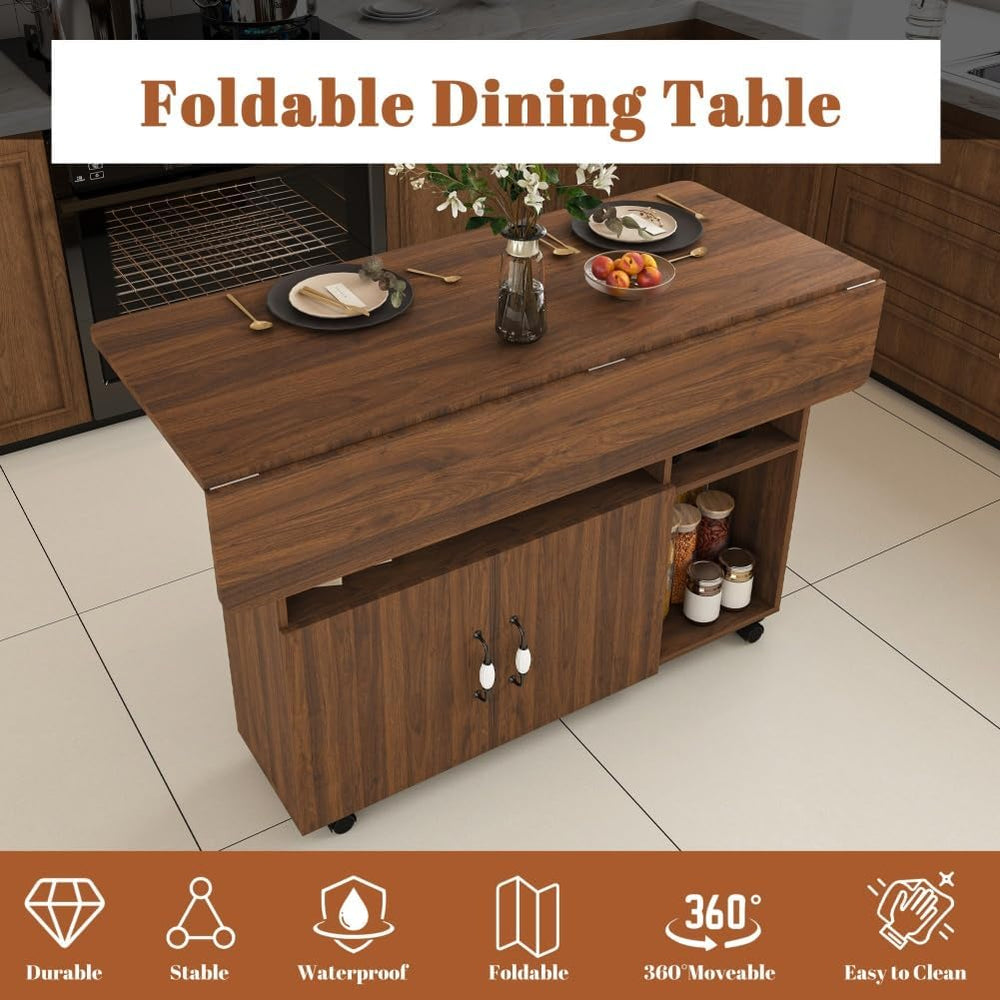 Folding Dining Table with Wheels, Drop Leaf Dinner Table with 2-Layer Storage...