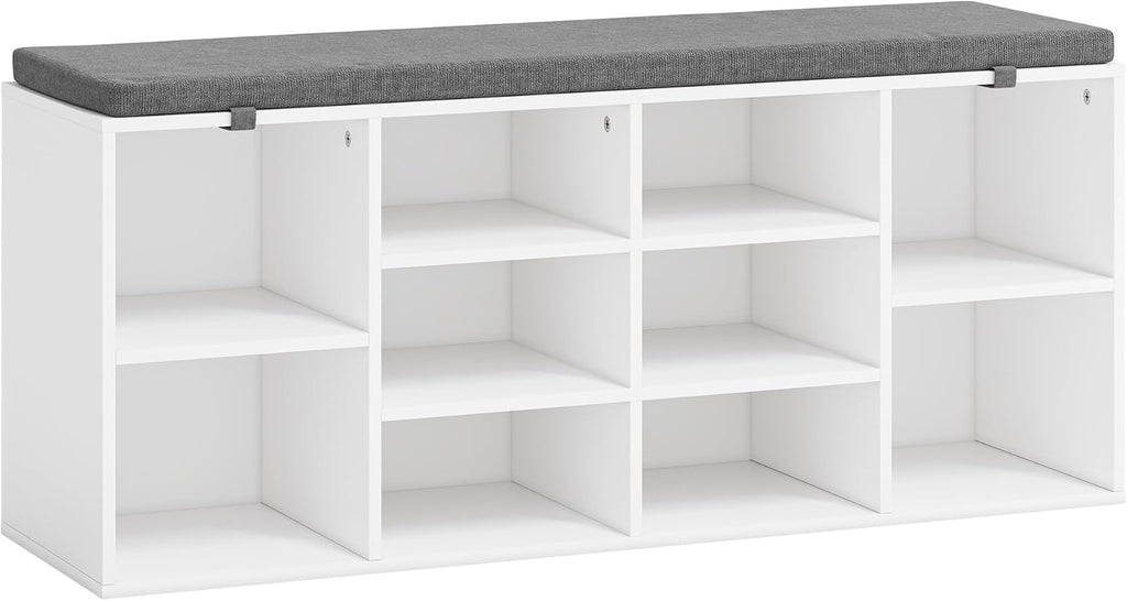 Shoe Storage Bench with Cushion, 41'' Long Entryway Bench with 10 Compartments Shoe Rack, Multifunctional Cubby Storage Organizer for Living Room, Hallway, Bedroom and Closet, White