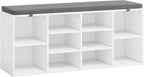 Shoe Storage Bench with Cushion, 41'' Long Entryway Bench with 10 Compartments Shoe Rack, Multifunctional Cubby Storage Organizer for Living Room, Hallway, Bedroom and Closet, White