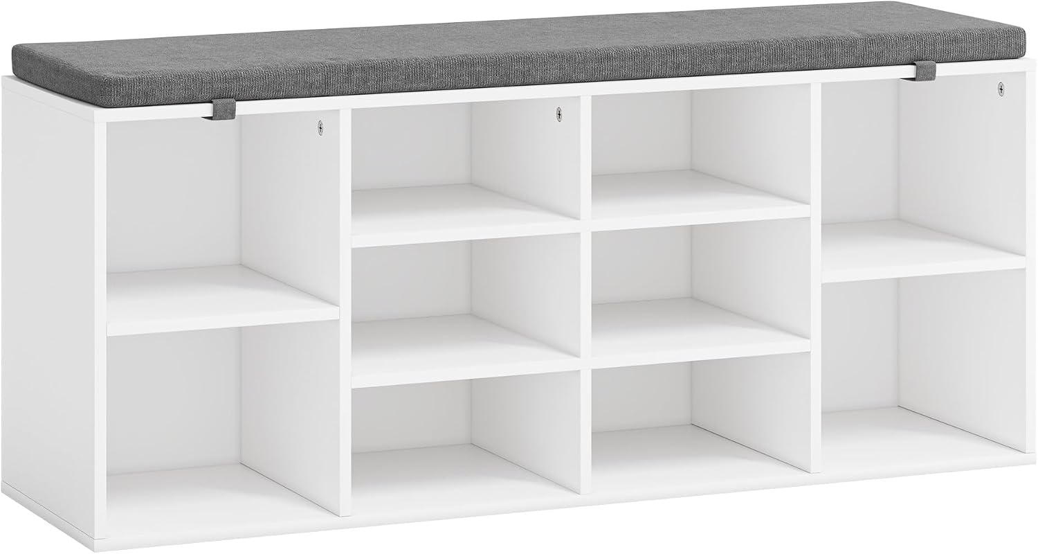 Shoe Storage Bench with Cushion, 41'' Long Entryway Bench with 10 Compartments Shoe Rack, Multifunctional Cubby Storage Organizer for Living Room, Hallway, Bedroom and Closet, White