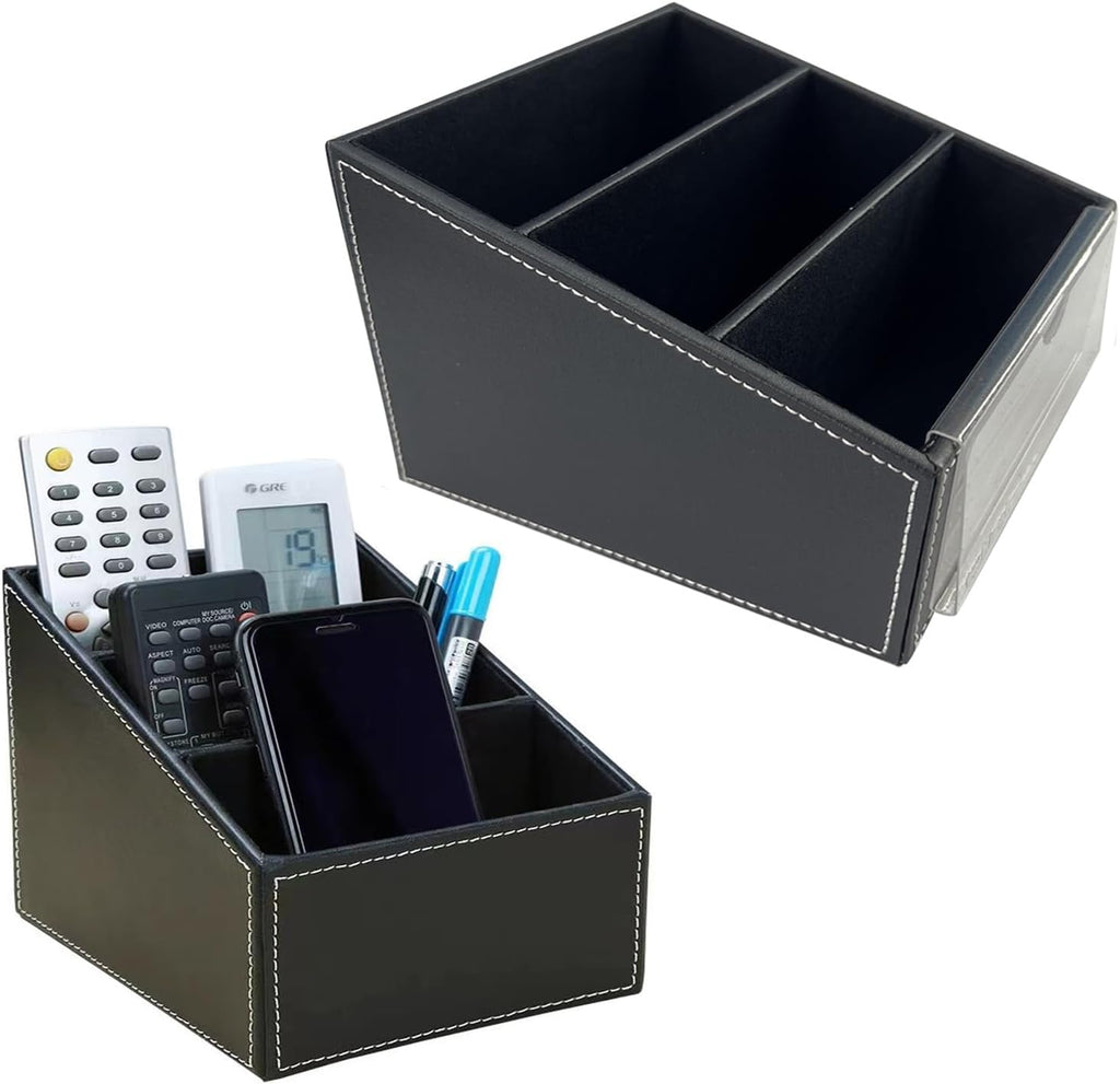 AgentMoon 2-piece Set Remote Control Holder,3-Compartment Gradient Desk Organizer,PU Leather Outside Storage Box with Suede Imitation Lining. 6.3x5.1x5.2 inches,10.8oz/308g (Black 2PCS)