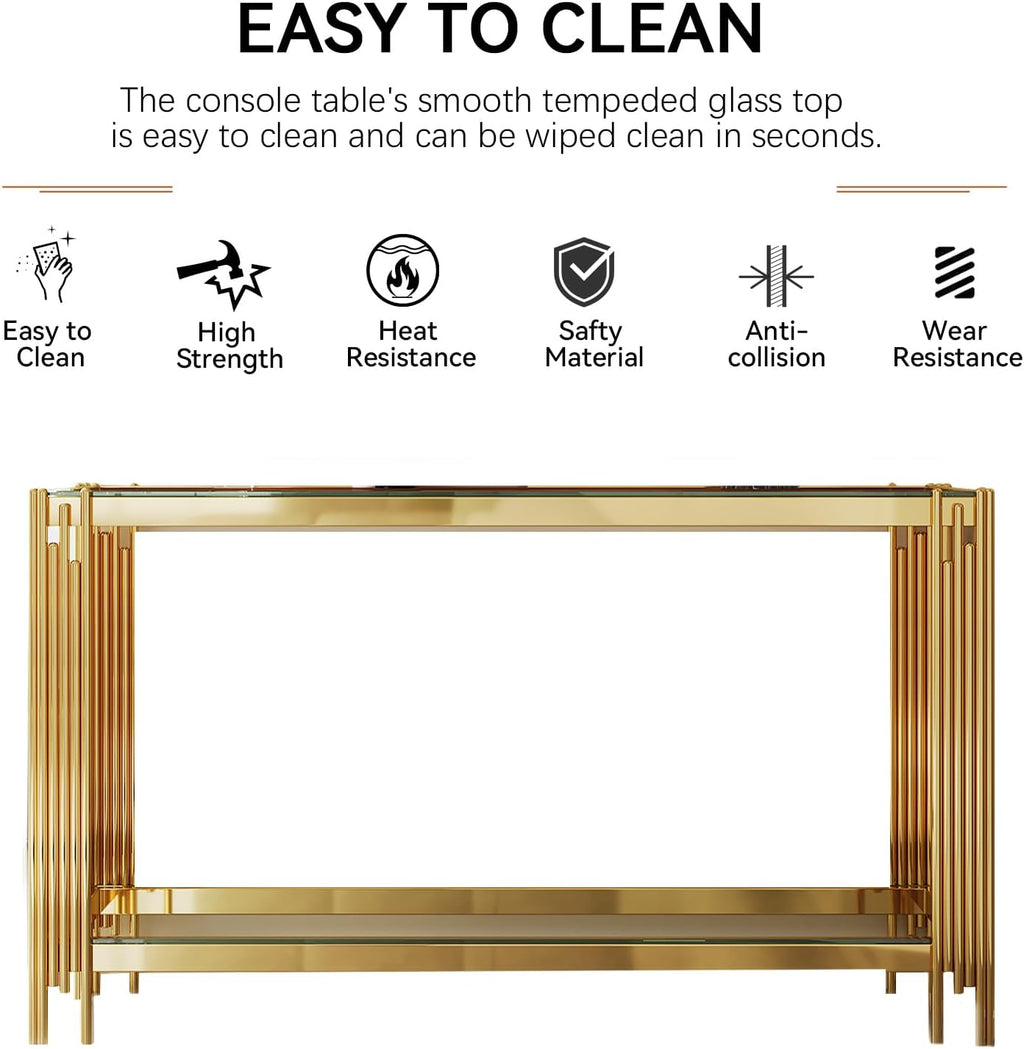 55” Rectangle Glass Console Table, 2-Tier Sofa Table with Clear Tempered Glass Top Golden Mirrored Stainless Steel Legs, Modern Luxury Narrow Entryway Table with Lower Shelf for Living Room