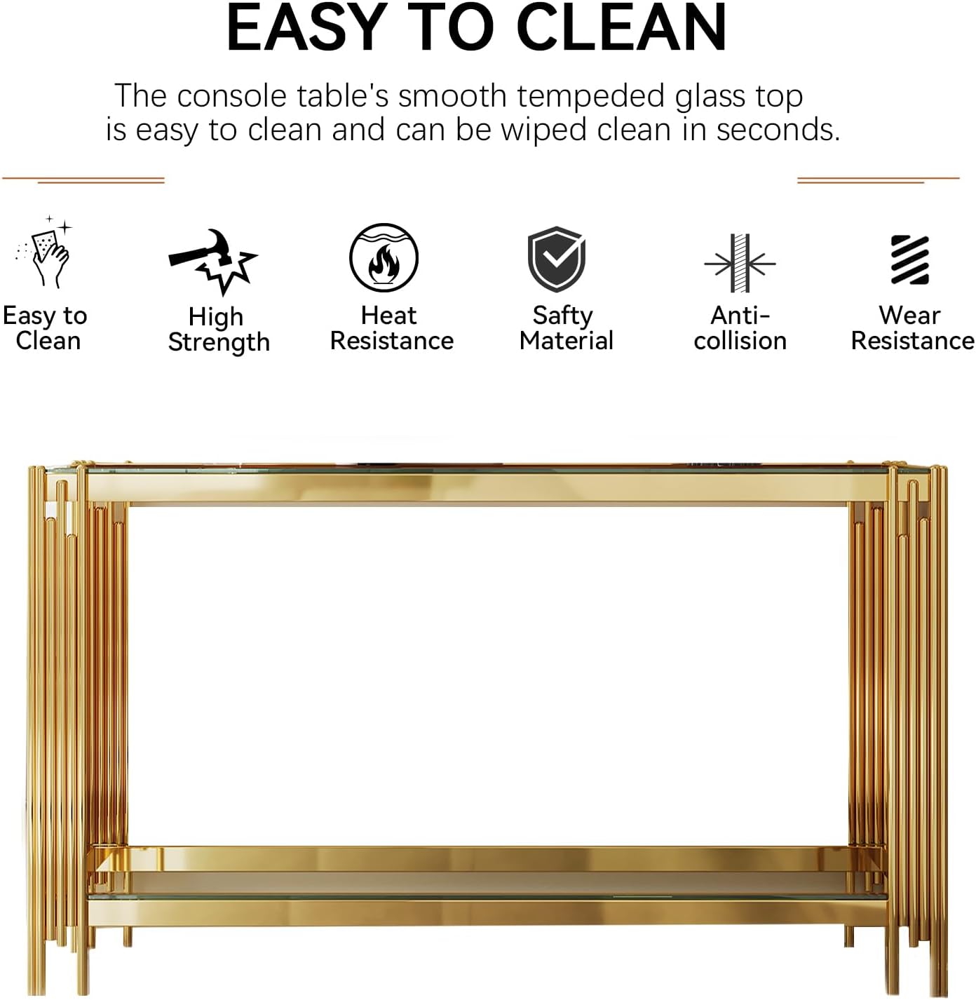 55” Rectangle Glass Console Table, 2-Tier Sofa Table with Clear Tempered Glass Top Golden Mirrored Stainless Steel Legs, Modern Luxury Narrow Entryway Table with Lower Shelf for Living Room