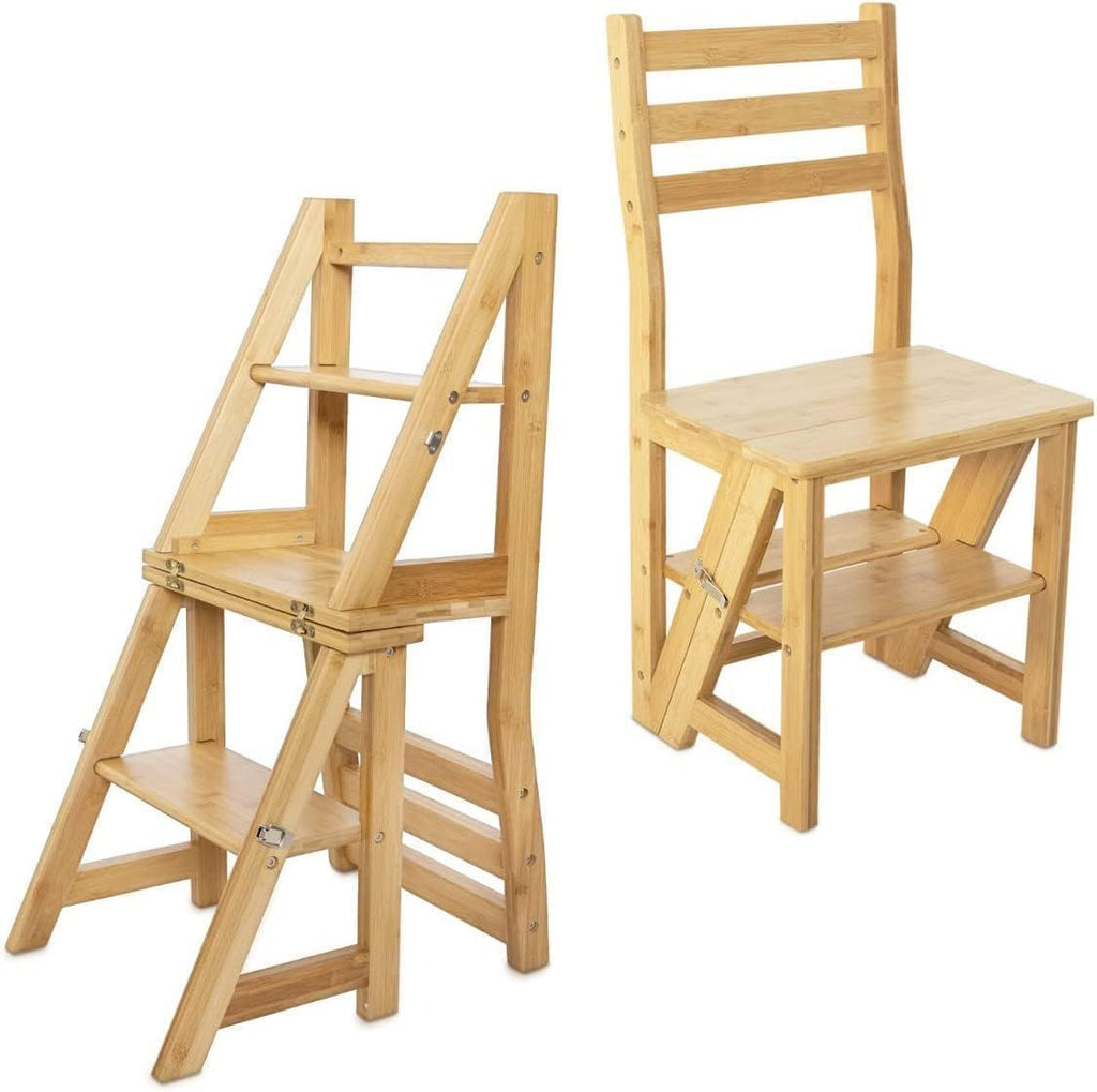 Innovative Creative Multi-Functional Bamboo Folding 3 Step Chair Stool, Reversible Portable Wooden Step Ladder Storage Shelf Use for Kitchen, Library, Garage, Office