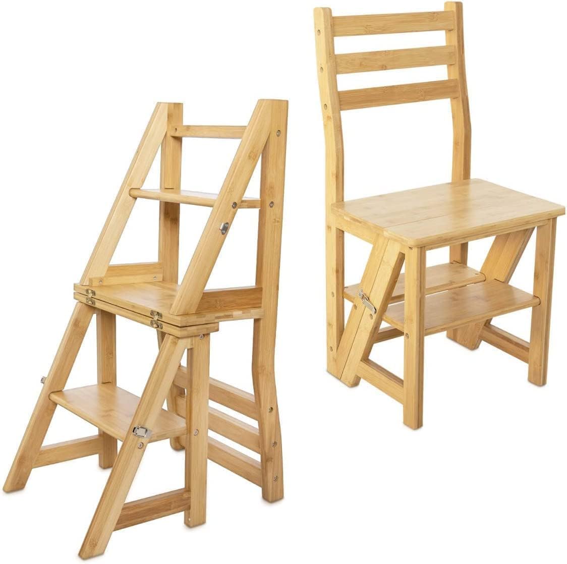 Innovative Creative Multi-Functional Bamboo Folding 3 Step Chair Stool, Reversible Portable Wooden Step Ladder Storage Shelf Use for Kitchen, Library, Garage, Office