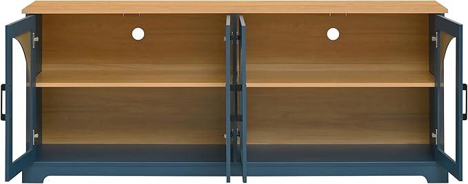 Farmhouse TV Stand with Adjustable Shelves for TVs up to 70'', Entertainment Center with Semi-Arched Glass Doors, Wood Grain Sideboard with Cable Management for Living Room, Blue