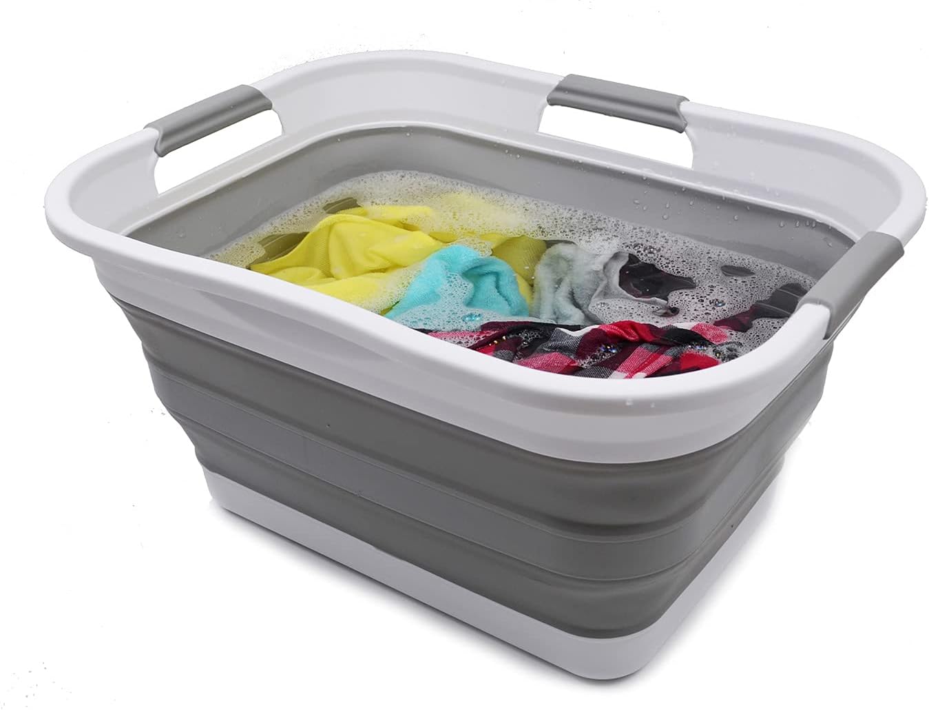 SAMMART 30L (8 gallon) Collapsible Plastic Laundry Basket - Foldable Pop Up Storage Container/Organizer - Space Saving Hamper/Basket - Water Capacity 24L(6.3 gallon) (1, White/Grey)