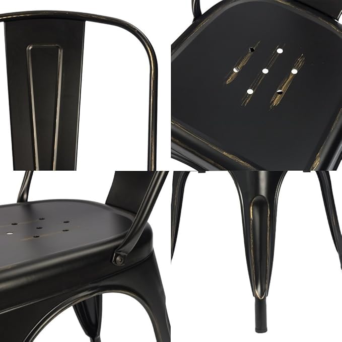 Devoko Metal Indoor-Outdoor Chairs Distressed Style Kitchen Dining Chairs Stackable Side Chairs with Back Set of 4 (Black Gold)