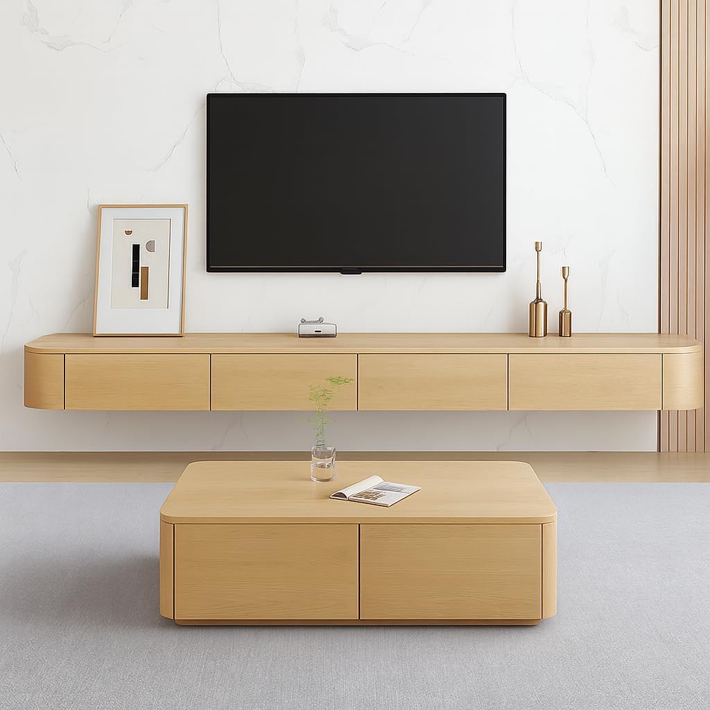 Floating TV Stand,47-118" Wall Mounted TV Shelf, Floating TV Consolewith Flip-Down Doors & Drawers, Modern TV Media Console Center Large Storage TV Stand (Wood, 94.5")