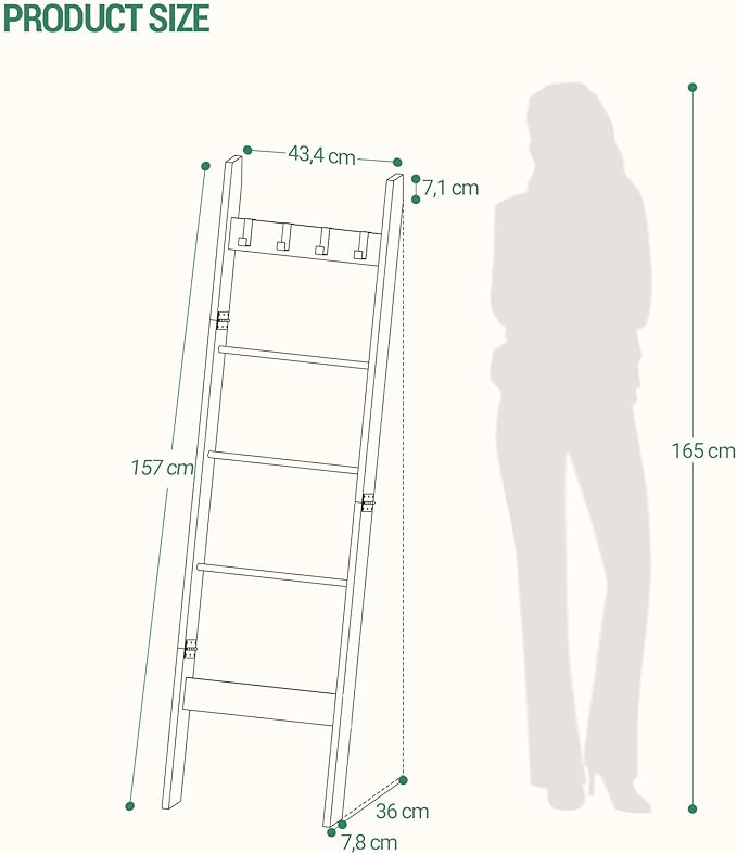 Blanket Ladder for Living Room, Decorative Quilt Rack with 4 Removable Hooks, 5-Tier Farmhouse Ladder Holder Shelf Organizer for Bedroom, Black BR02104B