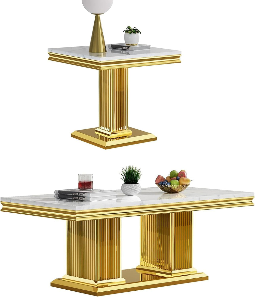 Luxury Marble Coffee Table Set of 2, Modern Coffee Table with Side End Table,...