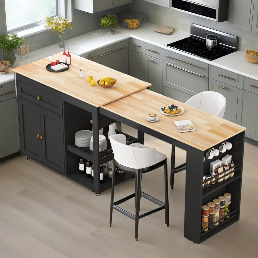 81.5" Kitchen Island with Extendable Dining Table, Rolling Kitchen Cart on Wheels with Spice Rack, Drawer and Door Cabinet for Dining Room, Black