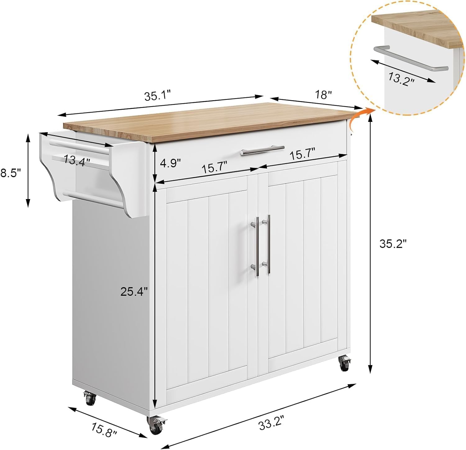 Kitchen Storage Island, Wooden Rolling Kitchen Island On Wheels with Countertop, Mobile Kitchen Island Cart with Towel Rack, Spice Rack and Drawers, White