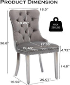 Velvet Upholstered Dining Chairs Set of 4, Modern Style Kitchen Side Chairs with Nailhead Trim and Silver Plated Leg, Metal Pulling Ring for Dining Room Living Room(Gery-Silver Plated Leg)