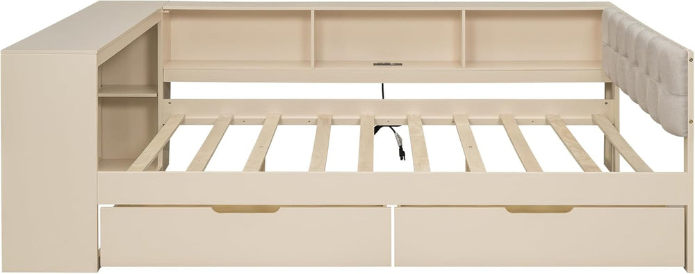 Tidyard Wood Full Size Platform Bed with Storage Shelves Drawers and USB Char...