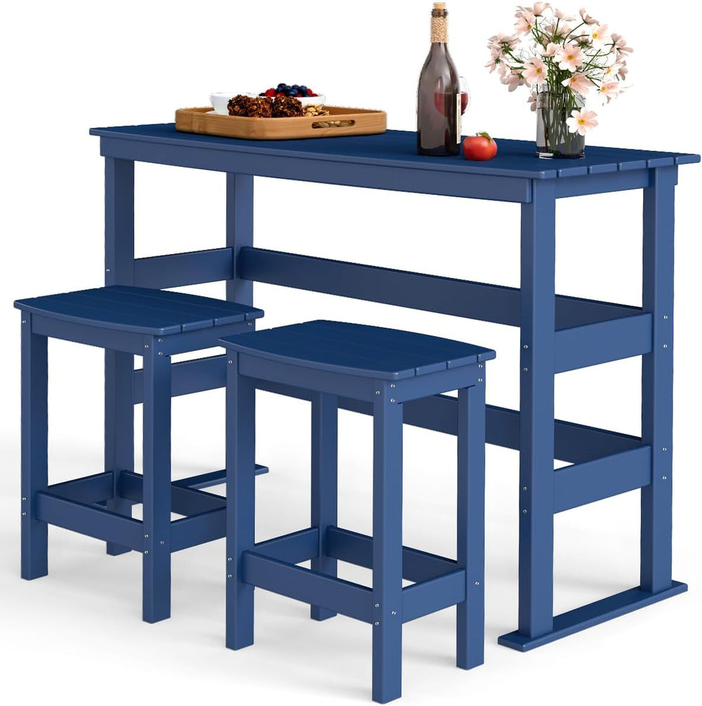 GREENVINES Outdoor Bar Set, HDPE, 3-Piece Patio Bar Table & Stools, Blue