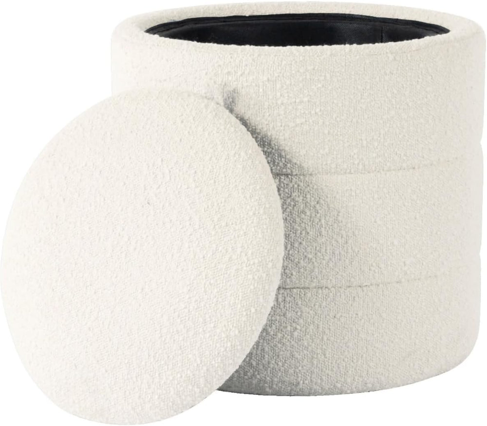 Storage Ottoman, 18 Inch Round Removable Lid, White Boucle Fabric