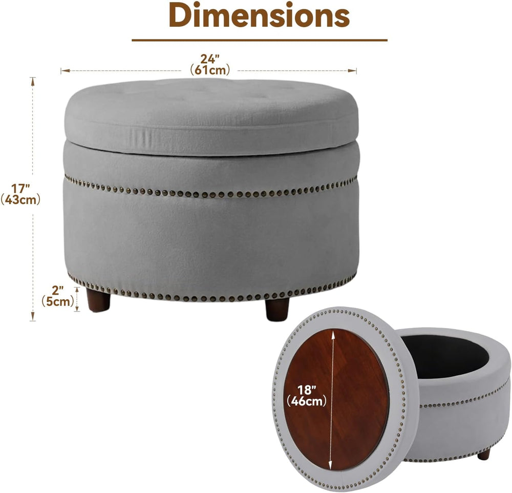 24'' Dual-Surface Lid Round Ottoman – Accent Ottoman with Storage Com...