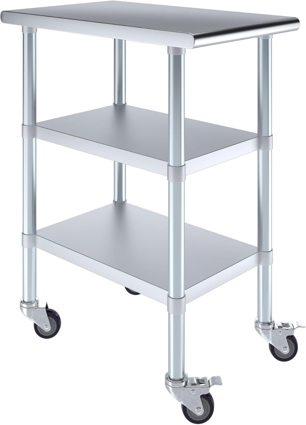 AmGood Stainless Steel Work Table with 2 Shelves and Casters | Metal Utility Table On Wheels (Stainless Steel Work Table with 2 Shelves + Casters, 18" Long x 30" Deep)