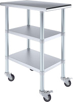 AmGood Stainless Steel Work Table with 2 Shelves and Casters | Metal Utility Table On Wheels (Stainless Steel Work Table with 2 Shelves + Casters, 18" Long x 30" Deep)