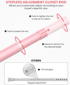 Closet Rods for Hanging Clothes, 17 to 99 Inches Stepless Adjustable Metal Closet Rod, 1.3 Inches Heavy Duty Clothes Hanging Rod for Closet Wardrobes Laundry RV, Pink