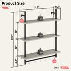 Bestier 3 Tier Industrial Pipe Shelving, Floating Book Shelves for Wall, Storage Hanging Shelves with Towel Bar for Bathroom Organizer Bedroom Kitchen Plants Office. 31.5 Inch Retro Grey