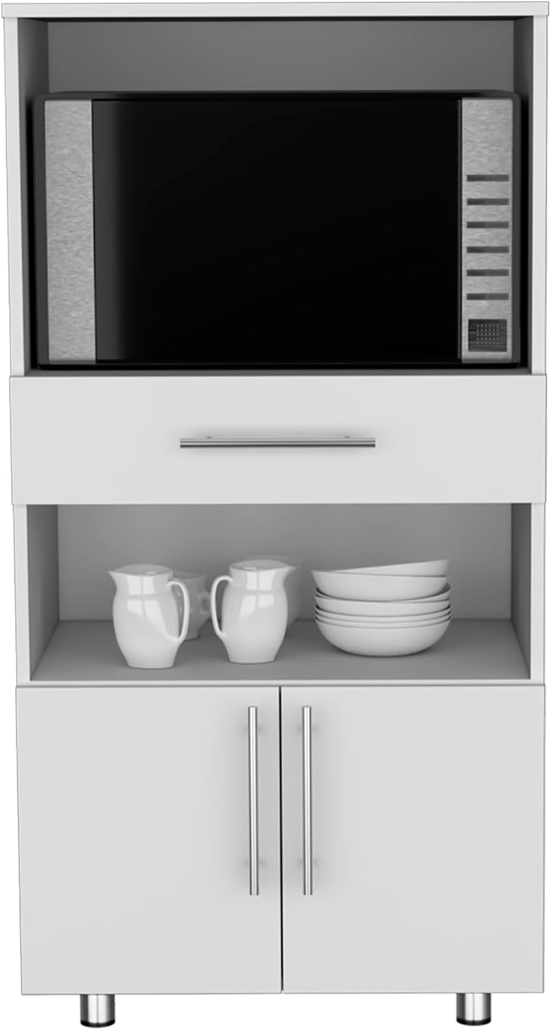 Classic White Kitchen Pantry with Open Shelves, Microwave Shelf, & Storag...