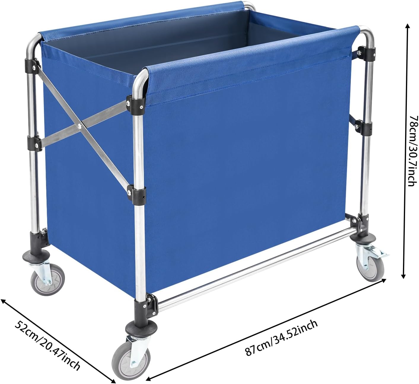 Commercial Laundry Cart with Wheels,Folding Laundry Hamper Cart,Heavy Duty Rolling Basket with Large Capacity, Sorter Trolley for Home Hotel Apartment (Blue, 34.25 * 20.47 * 30.7in)