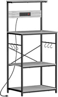 VUSIGN Kitchen Bakers Rack with Power Outlet, 4 Tiers Microwave Stand with Storage, 23.6 Inch Coffee Bar Station with 6 S Hooks, Adjustable Shelf Rack for Pots/Pans/Spices, Gray