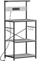 VUSIGN Kitchen Bakers Rack with Power Outlet, 4 Tiers Microwave Stand with Storage, 23.6 Inch Coffee Bar Station with 6 S Hooks, Adjustable Shelf Rack for Pots/Pans/Spices, Gray