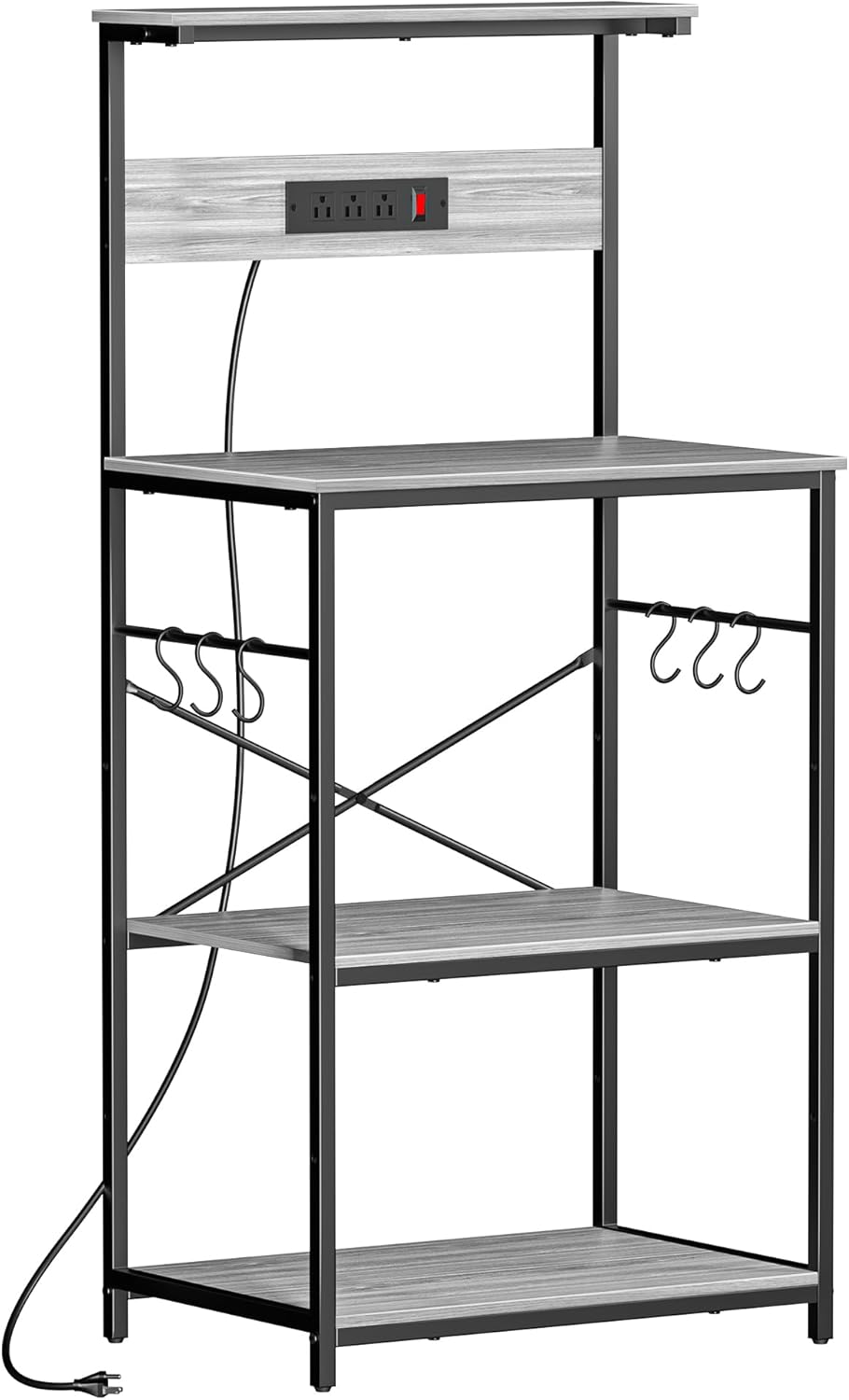 VUSIGN Kitchen Bakers Rack with Power Outlet, 4 Tiers Microwave Stand with Storage, 23.6 Inch Coffee Bar Station with 6 S Hooks, Adjustable Shelf Rack for Pots/Pans/Spices, Gray