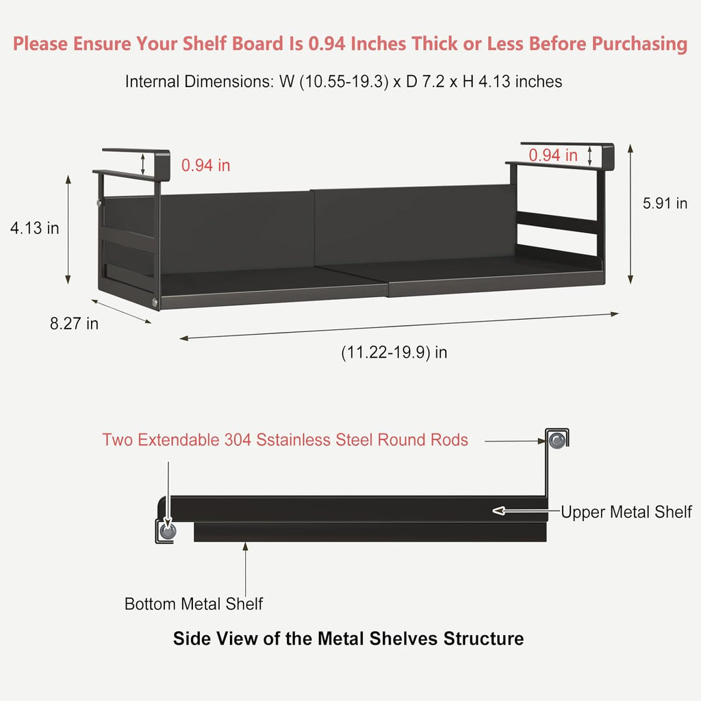 Expandable Under Cabinet Shelf Organizer with 0.94-Inch Thick Clips, Heavy Duty Extendable Under Shelf Storage Basket for Pantry or Laundry Room, Black, 2 Pack, Interior: 4.13" H x 7.2" D