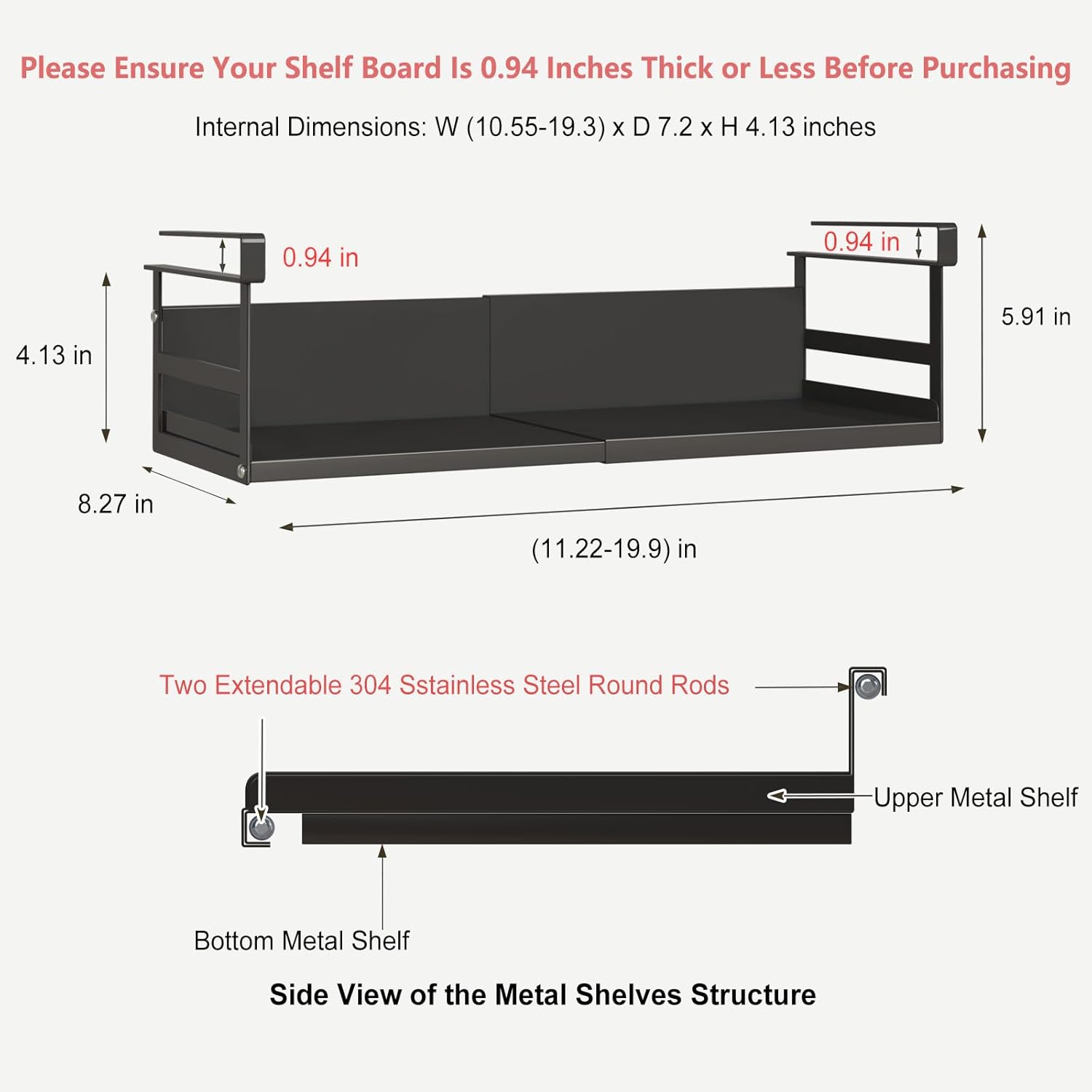 Expandable Under Cabinet Shelf Organizer with 0.94-Inch Thick Clips, Heavy Duty Extendable Under Shelf Storage Basket for Pantry or Laundry Room, Black, 1 Pack, Interior: 4.13" H x 7.2" D