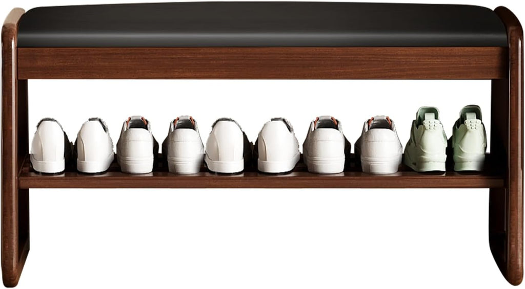Wooden Shoe Storage Bench with Padded Top Cushion, Two-Tier Wooden Shoe Rack, Suitable for Bedrooms and Living Rooms, Black Walnut(39.4'')