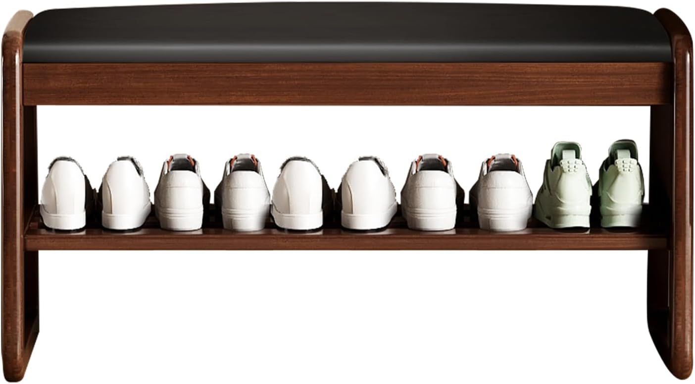 Wooden Shoe Storage Bench with Padded Top Cushion, Two-Tier Wooden Shoe Rack, Suitable for Bedrooms and Living Rooms, Black Walnut(39.4'')