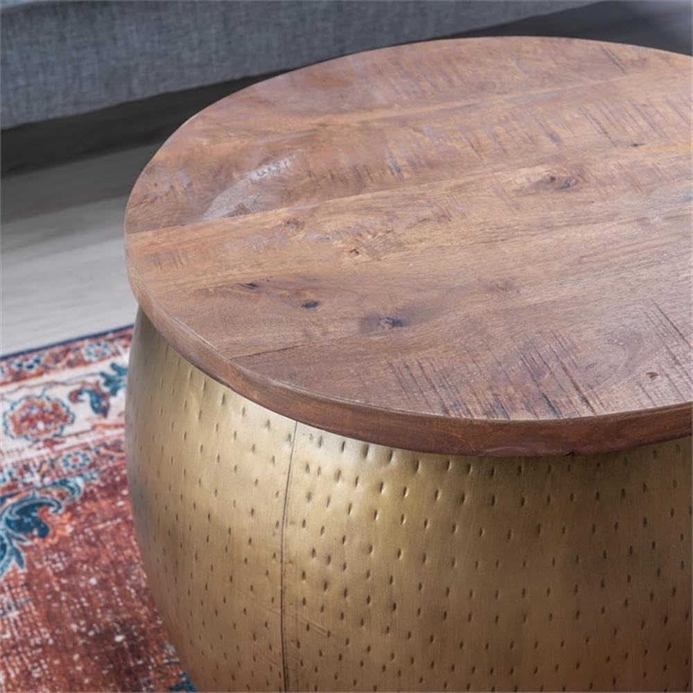 MAKLAINE Large Hammered Metal Drum Table with Storage, Brass Finish, Solid Ma...