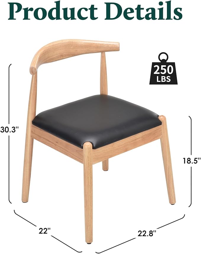 Farini Mid Century Modern Dining Chairs Set of 2, Solid Wood Frame Kitchen Chairs with PU Leather Upholstered Seat for Dining Room & Breakfast Nook,Natural-Black