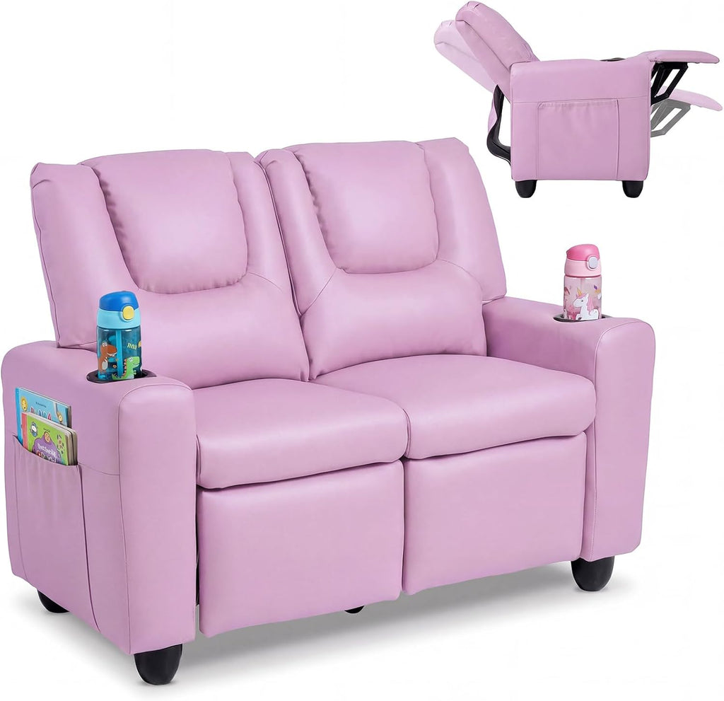 Costzon 2-Seater Kids Recliner, Double Toddler Sofa Chair w/2 Cup Holders & 2 Side Storage Pockets, PU Leather Kids Loveseat Couch w/Adjustable Backrest & Footrest for Girls & Boys 3+ Years Old