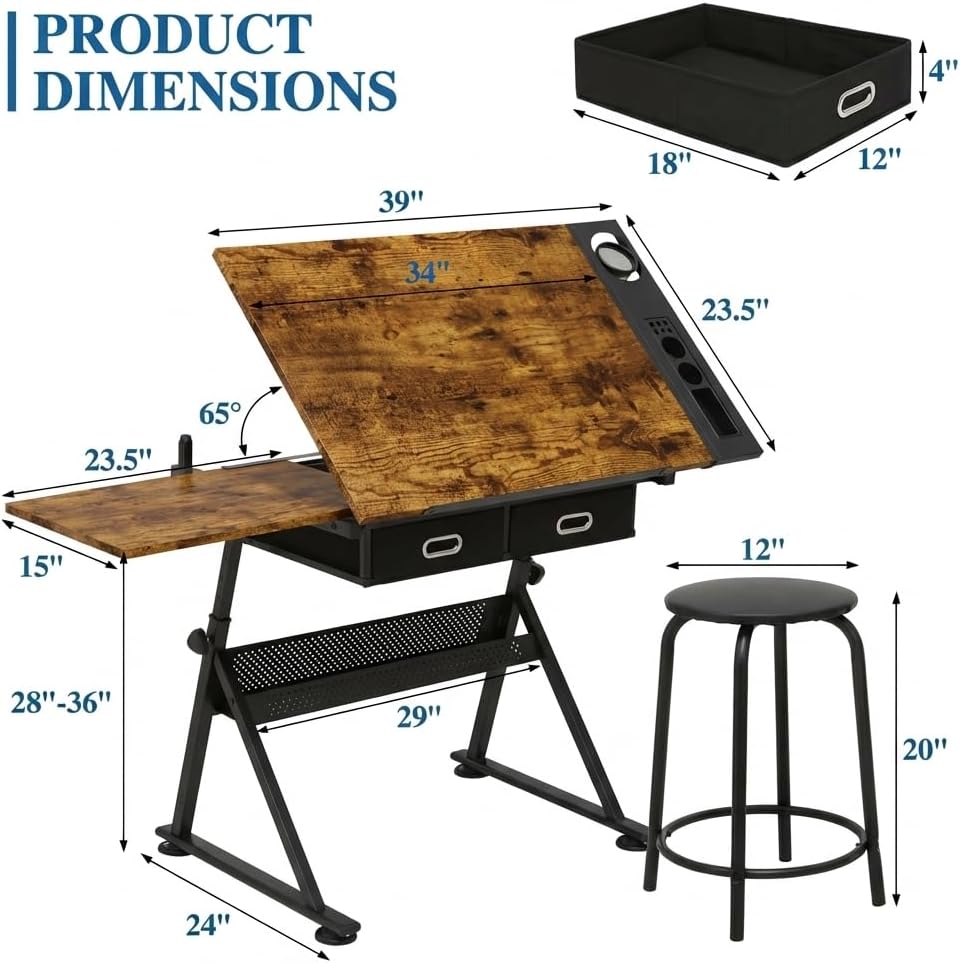 Drafting Table with Storage & Stool: Adjustable Tilting Art Desk, 2 Drawe...